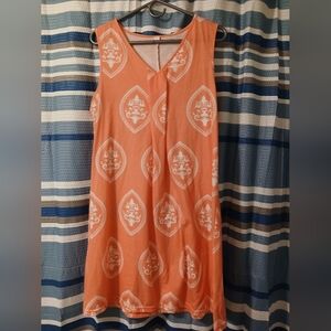Sleeveless Orange Midi Dress with White Medallion Print